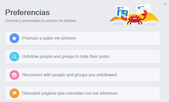 preferencias contenidos facebook